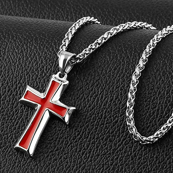 Silver & Red-Men's Stainless Steel Cross Pendant Necklace