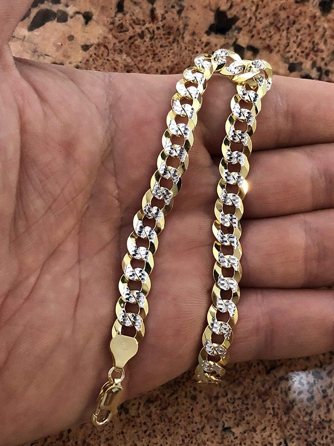 14KGold -Solid 925 Sterling Silver Bracelet Diamond Pave Bracelet.Men's Cuban Link Bracelet 14k Gold Over Solid 925 Sterling Silver Bracelet - 8.5" 8mm - Two Tone Diamond Cut Pave