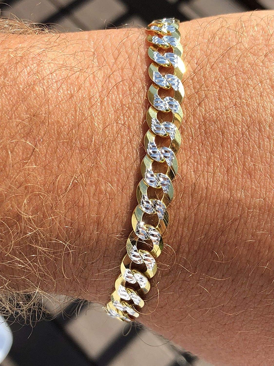 14KGold -Solid 925 Sterling Silver Bracelet Diamond Pave Bracelet.Men's Cuban Link Bracelet 14k Gold Over Solid 925 Sterling Silver Bracelet - 8.5" 8mm - Two Tone Diamond Cut Pave.Men's Diamond Cut Bracelet 14K Gold Plated On Solid 925 Sterling Silver Two Tone Cuban Link ... On Solid 925 Sterling Silver Two Tone Cuban Link