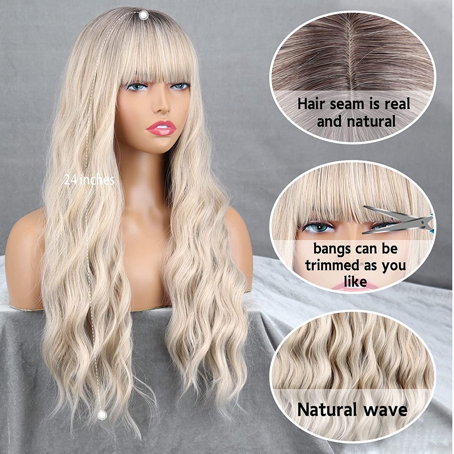 Long Blonde Wavy Wigs With Bangs for Women