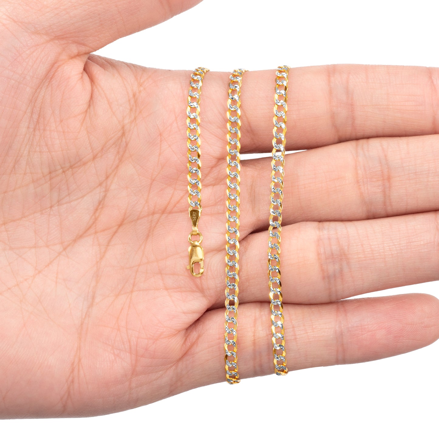 14K Yellow Gold 3MM Solid Cuban Curb Link Two-Tone Pave Chain