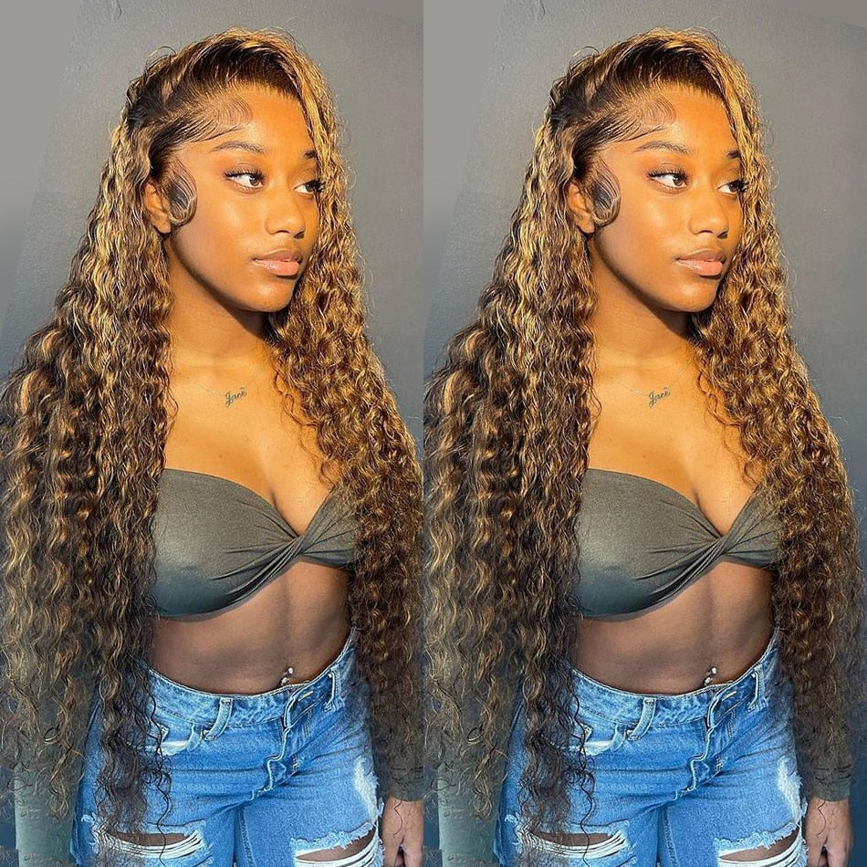 4/27 Colored 13x4 Deep Wave Highlight Ombre Lace Frontal Human Hair Wig