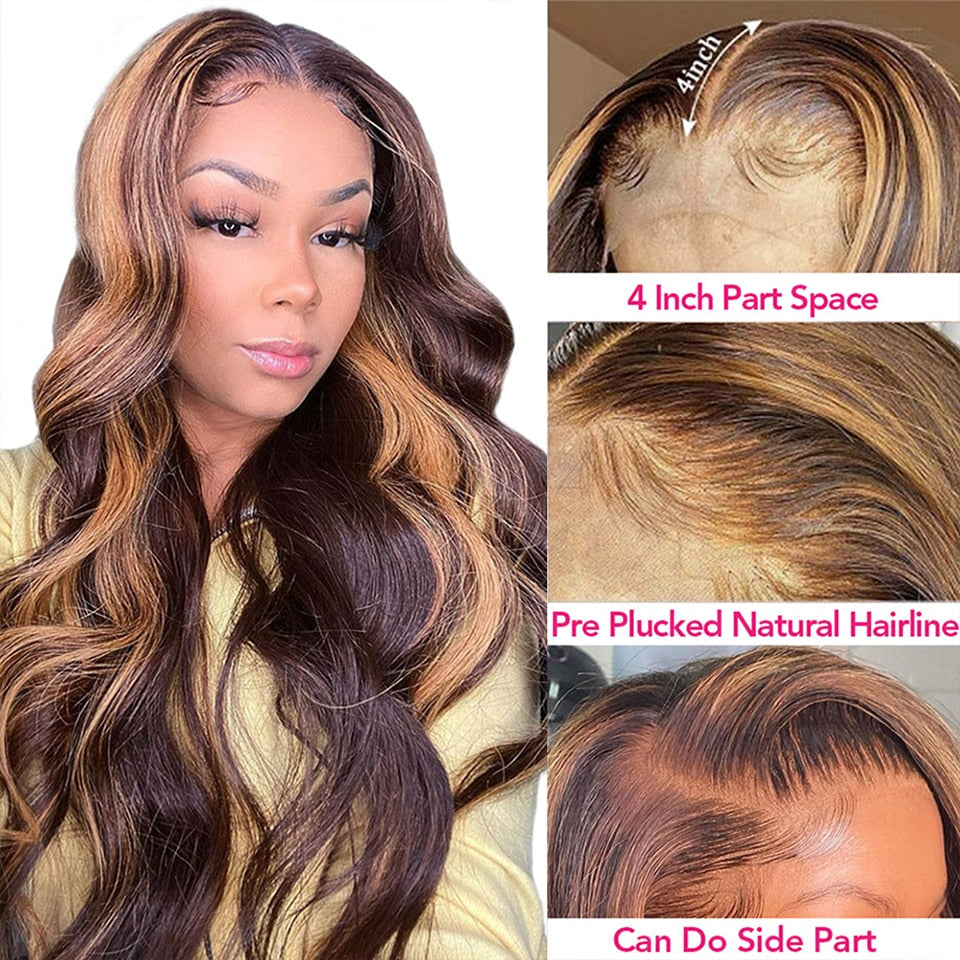 Ombre Lace Front Wig Human Hair 200%Density Blonde Highlight Wig Human Hair Pre Plucked 4/27 Highlight Lace Front Wigs Human Hair 13x4 HD Lace Brown Highlighted Wig Body Wave