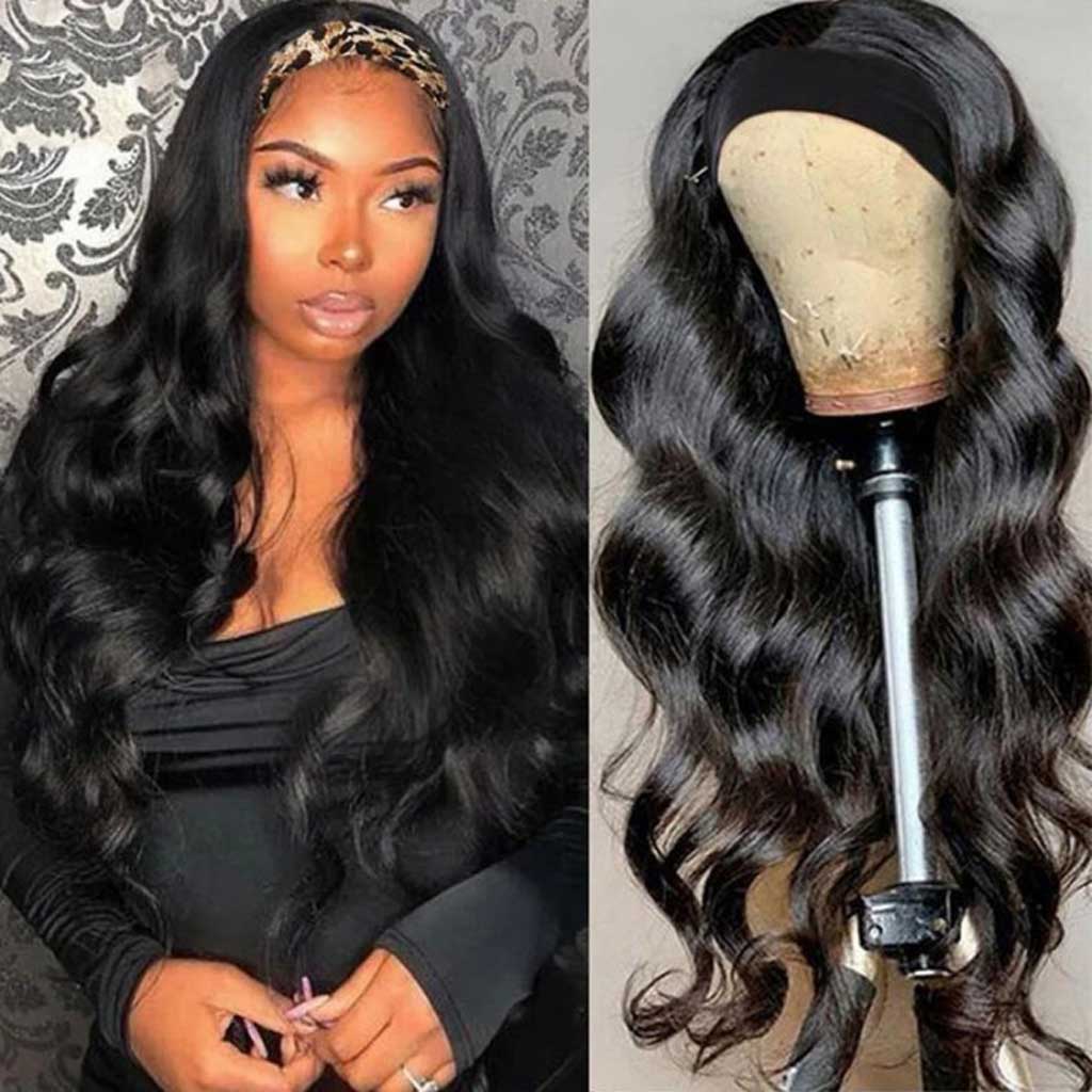 Body Wave Headband Human Hair |Black Wig