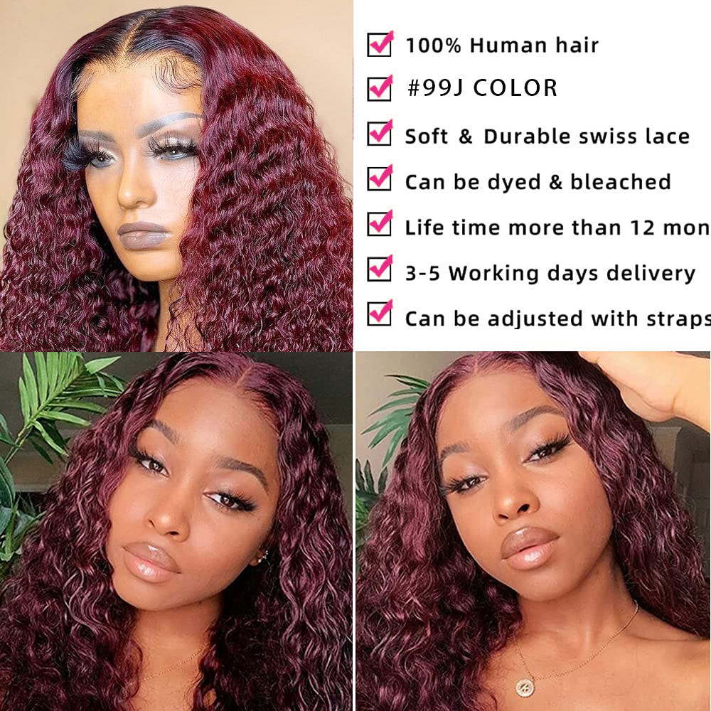 Deep Wave 99J Burgundy 13x4 Lace Front Human Hair Red Wigs