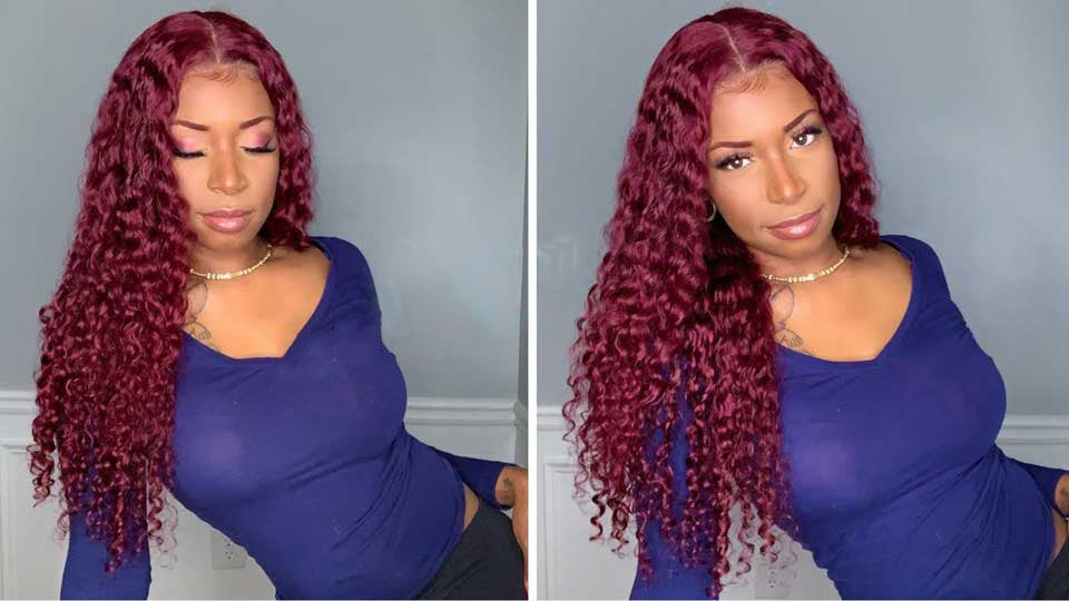Long Curly 99J Burgundy 13x4 Transparent Lace Human Hair|4x4Closure Wig