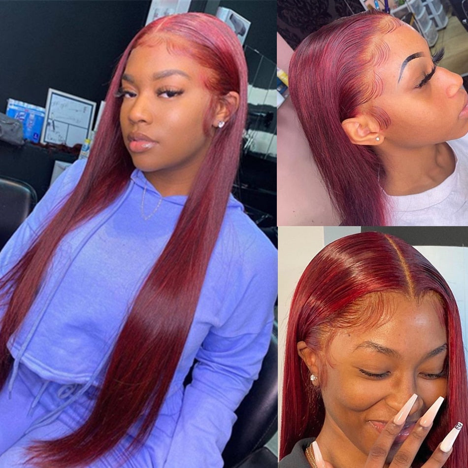 99J Burgundy Straight HD Transparent Human Hair Lace Front Wig For Women