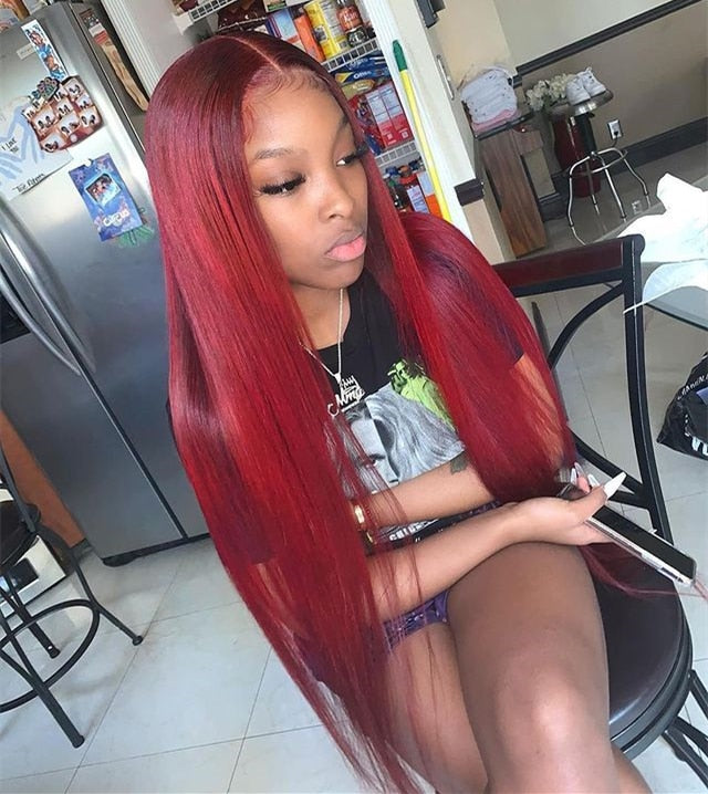 99J Burgundy Straight HD Transparent Human Hair Lace Front Wig For Women