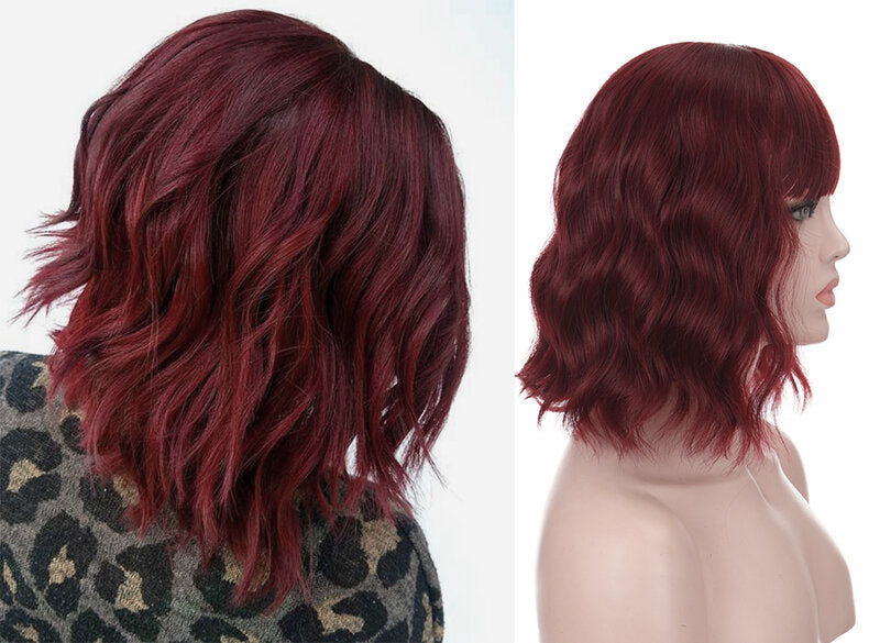Short Bob Curly Wavy Wine Red Wigs