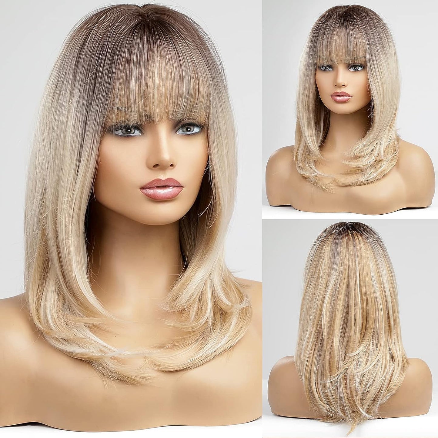 Ombre Blonde Wig for Women,Long Straight Synthetic Hair Wig with Bangs for White Women