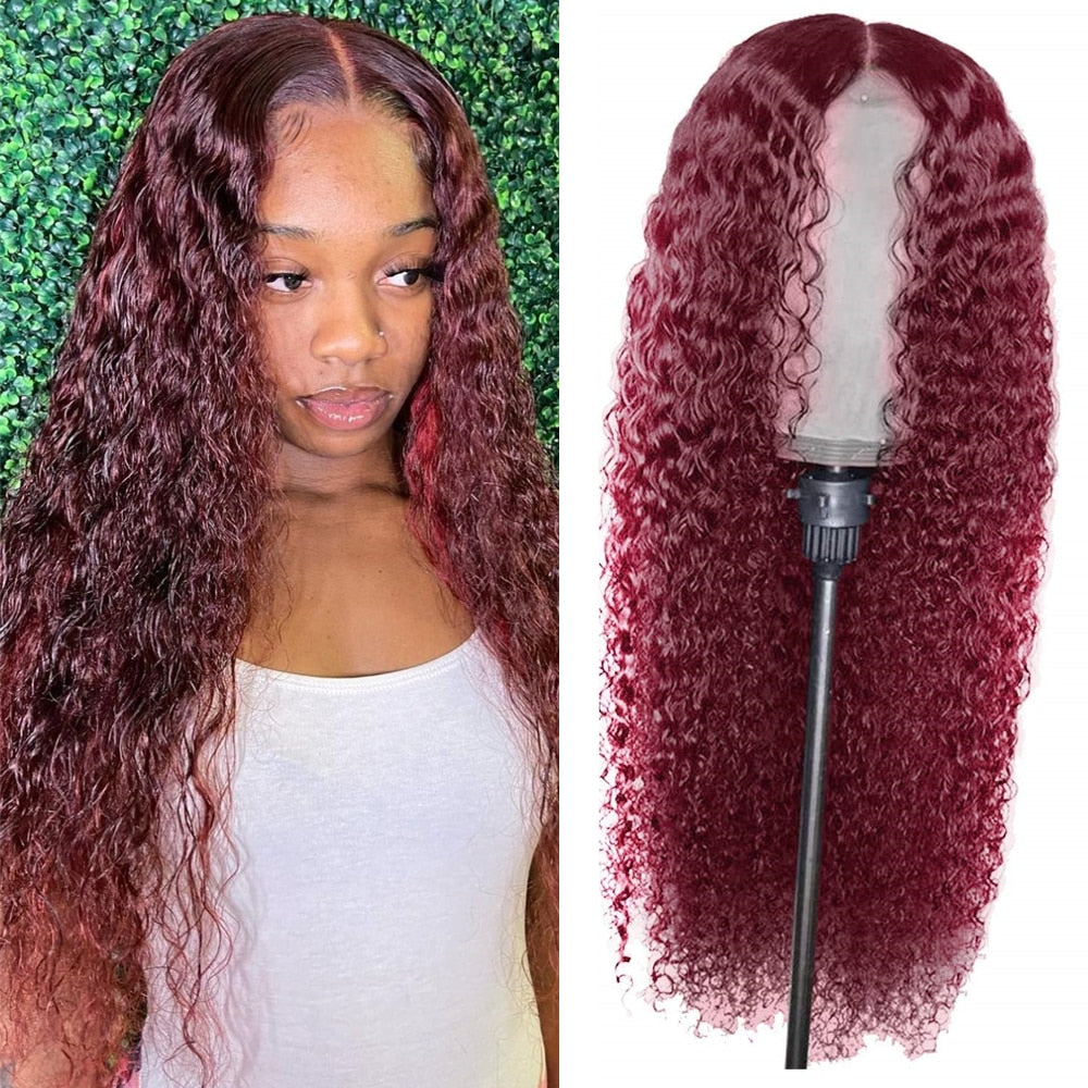 Long Curly 99J Burgundy 13x4 Transparent Lace Human Hair|4x4Closure Wig