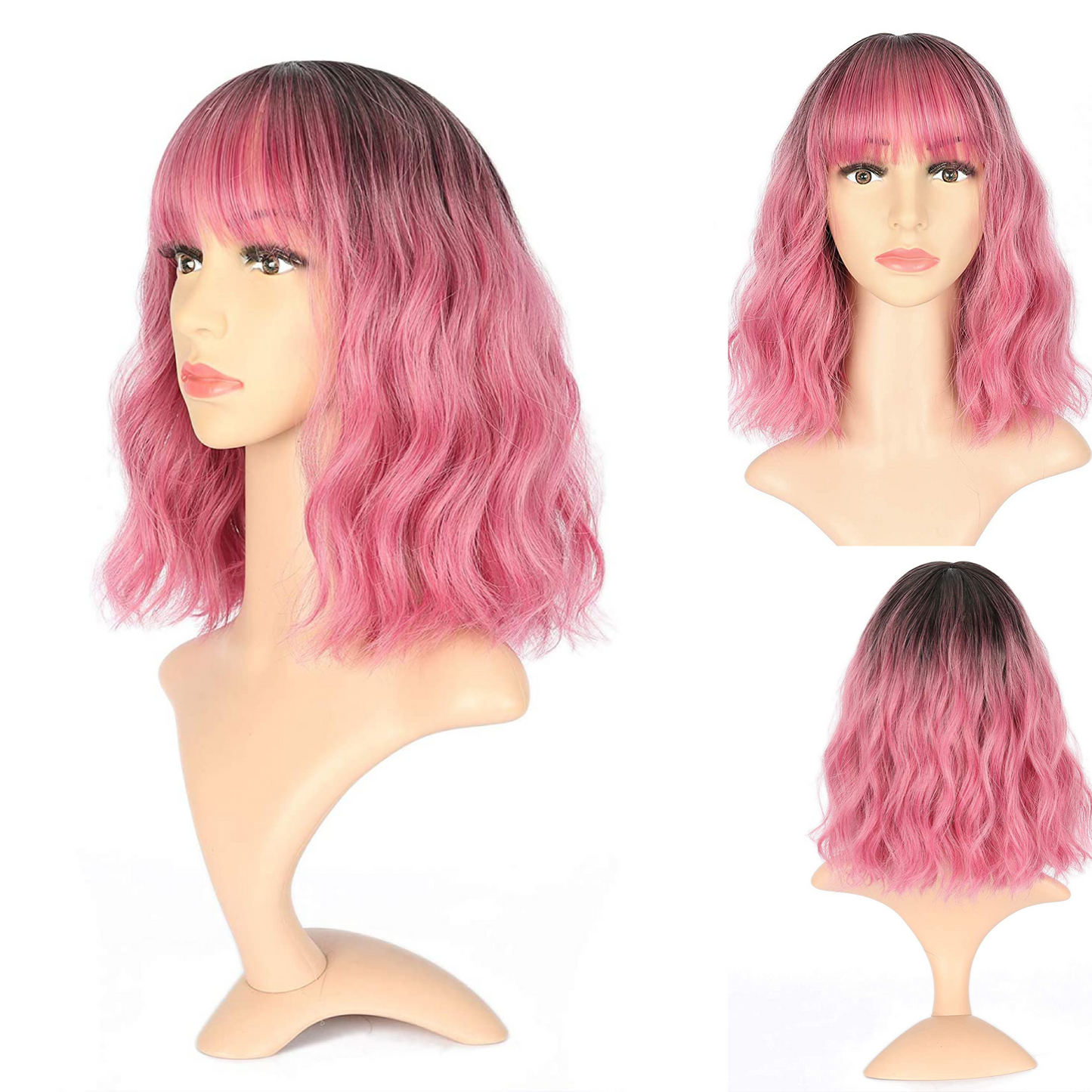 Short Wavy Pink Wig With Air Bangs