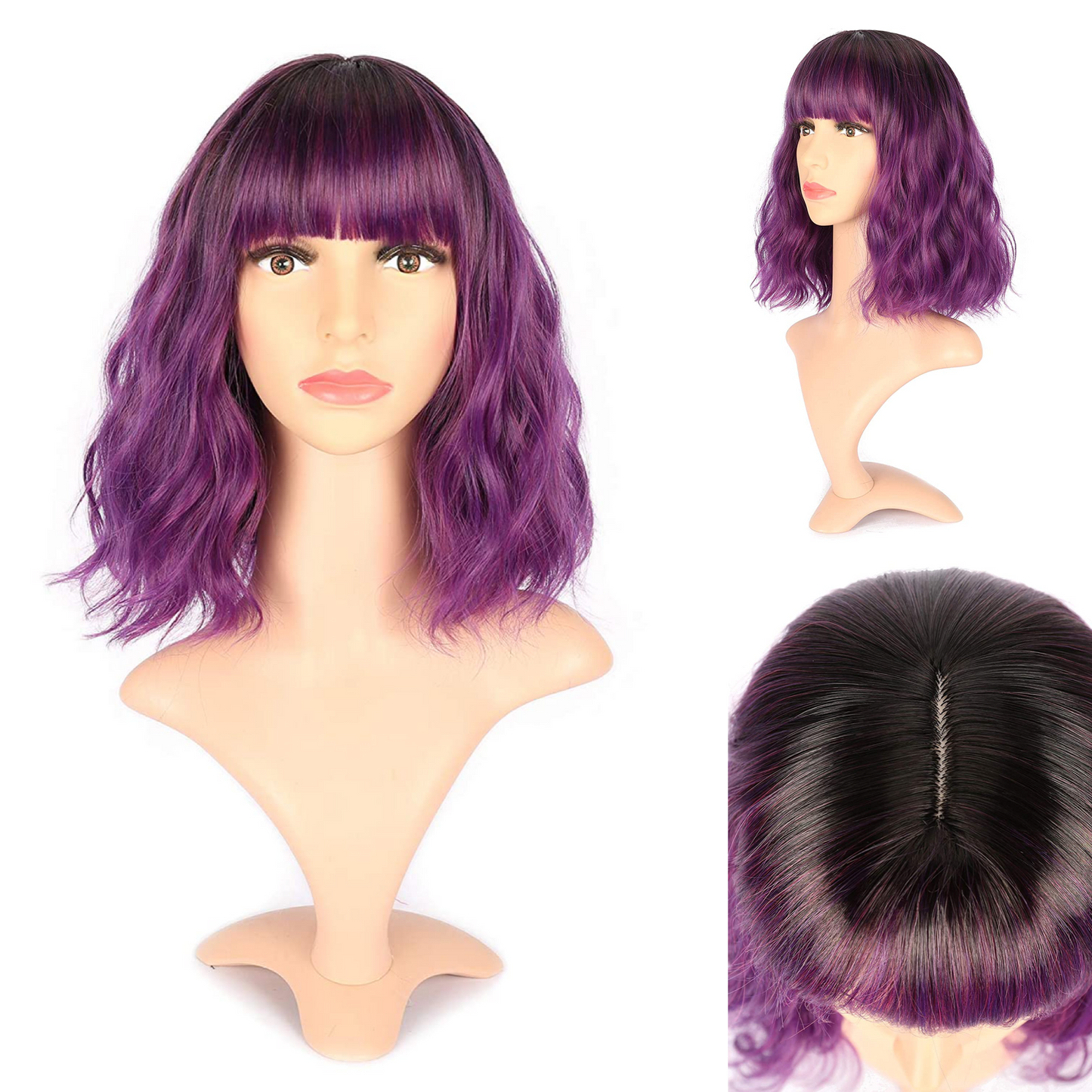 Colored Short Bob Wavy Wigs With Air Bangs