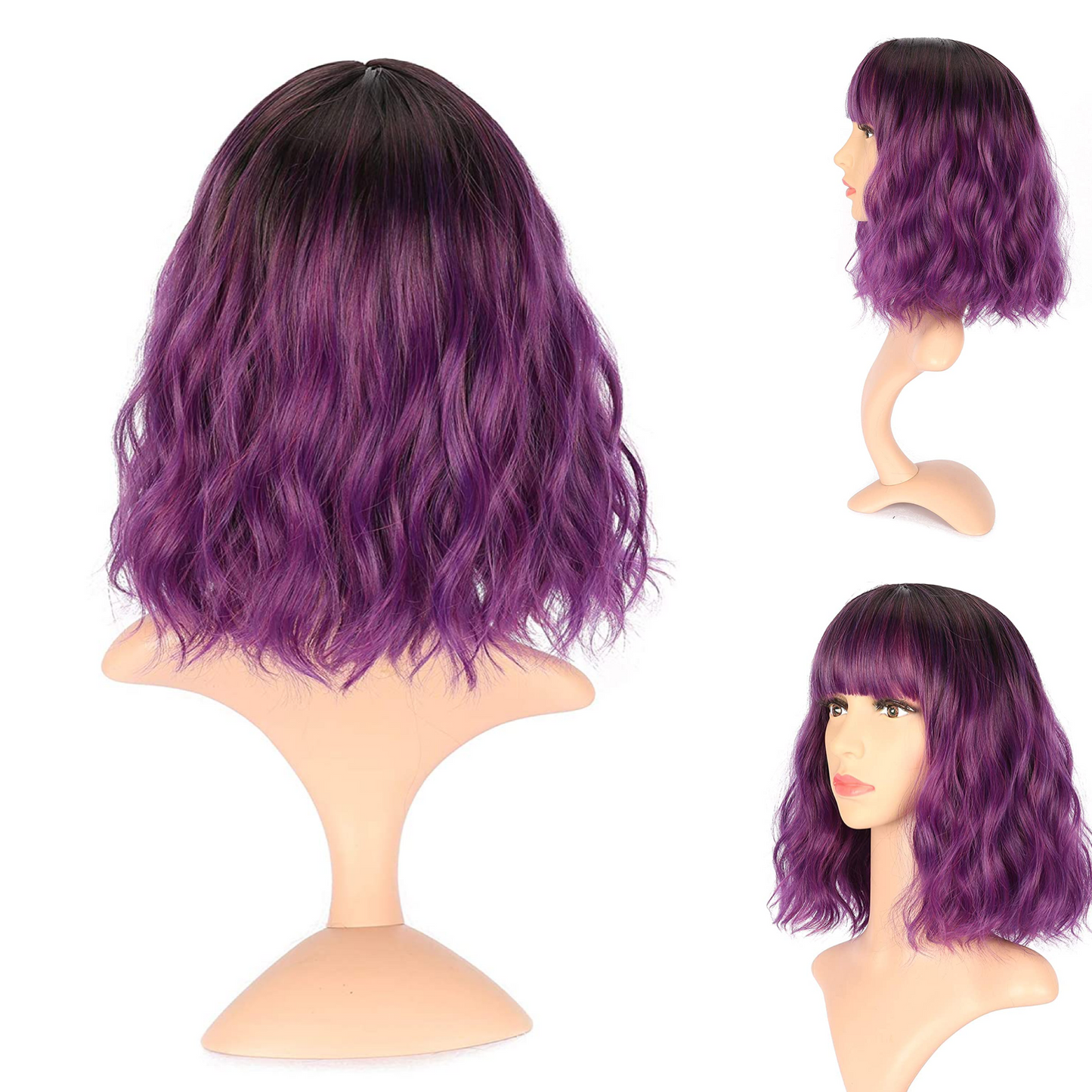 Colored Short Bob Wavy Wigs With Air Bangs