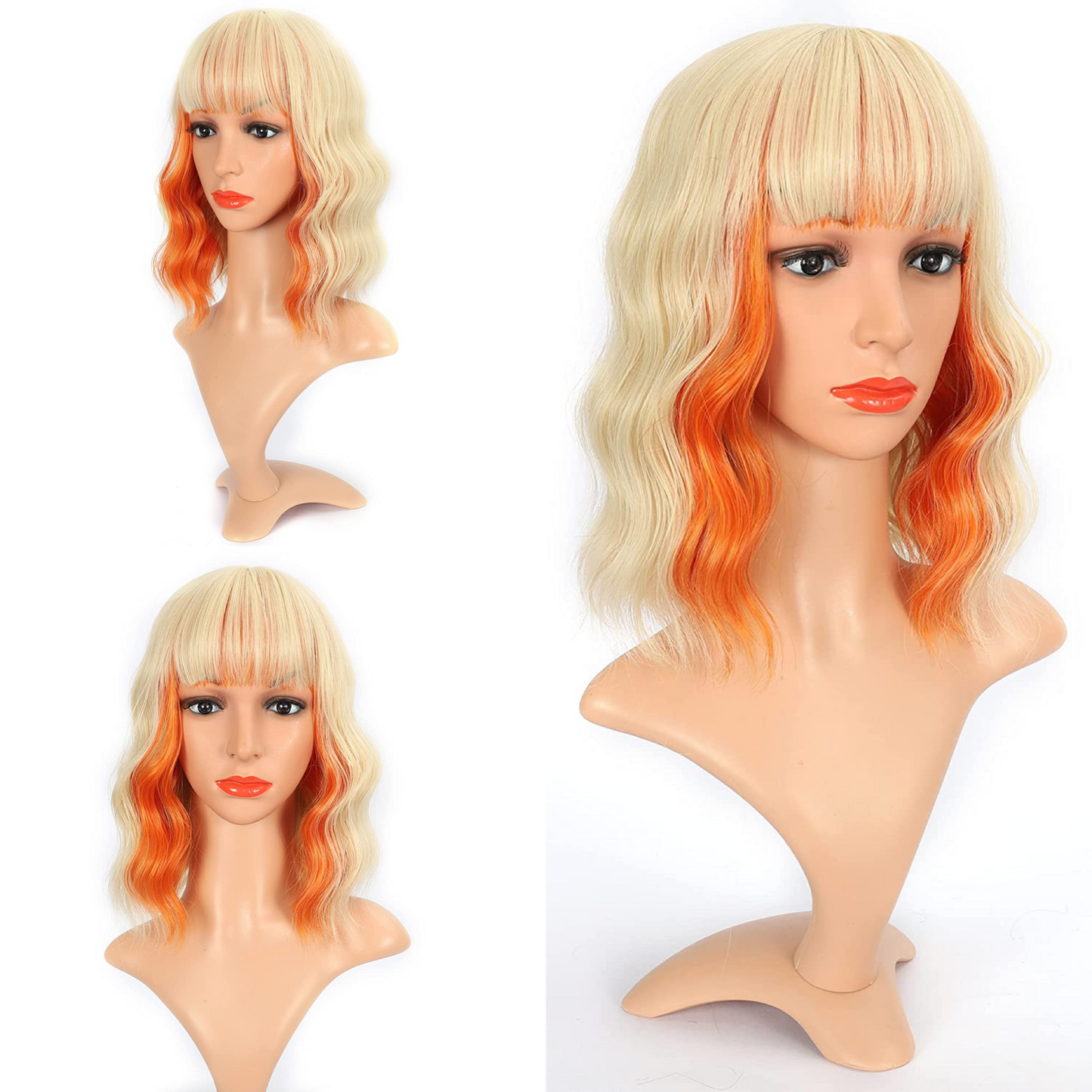Shoulder Length Bob Wavy Ombre Orange Black Hair Wigs