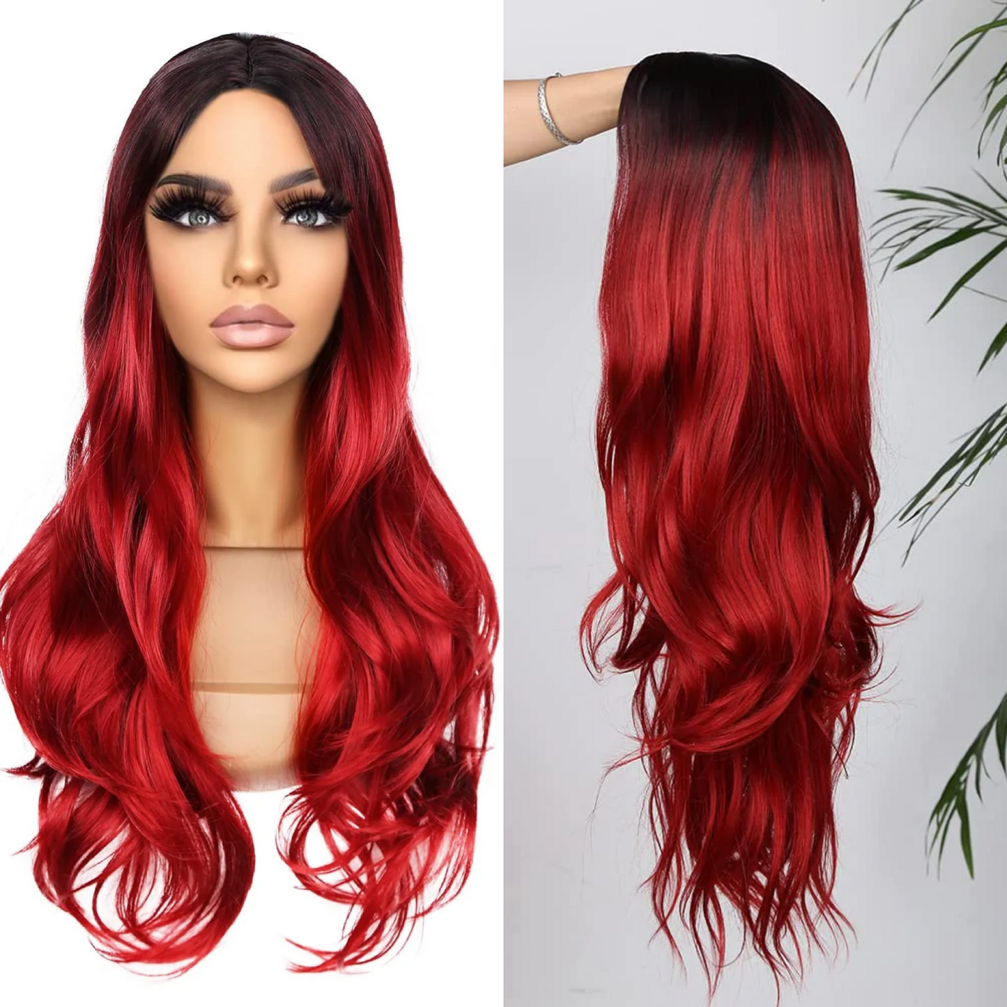 Long Black Roots Red Wavy Wig for Women