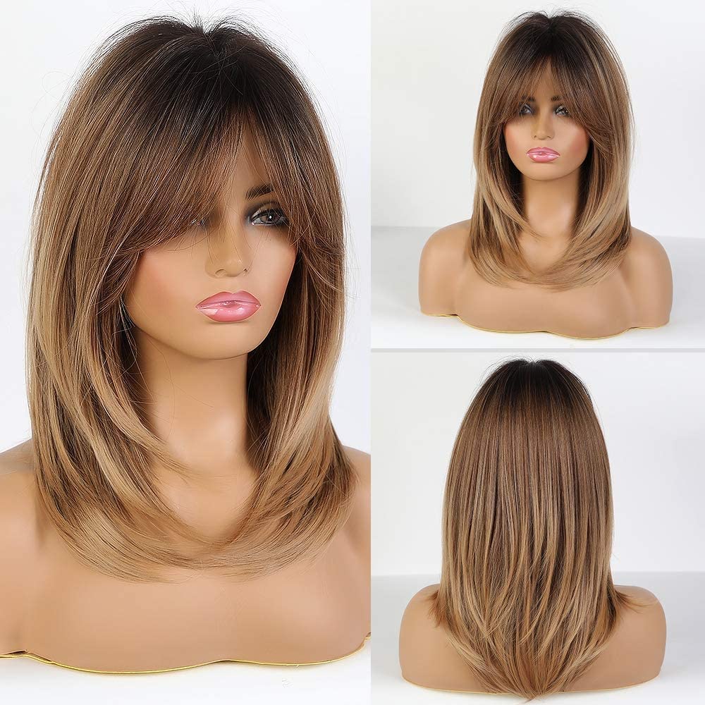 Brown Wig With Bangs Layered Wigs for Women Ombre Brown Color Wig Long Straight Heat Resistant Synthetic Fibre Wigs Natural Looking Bangs Wig for Daily Party Use(Ombre Brown