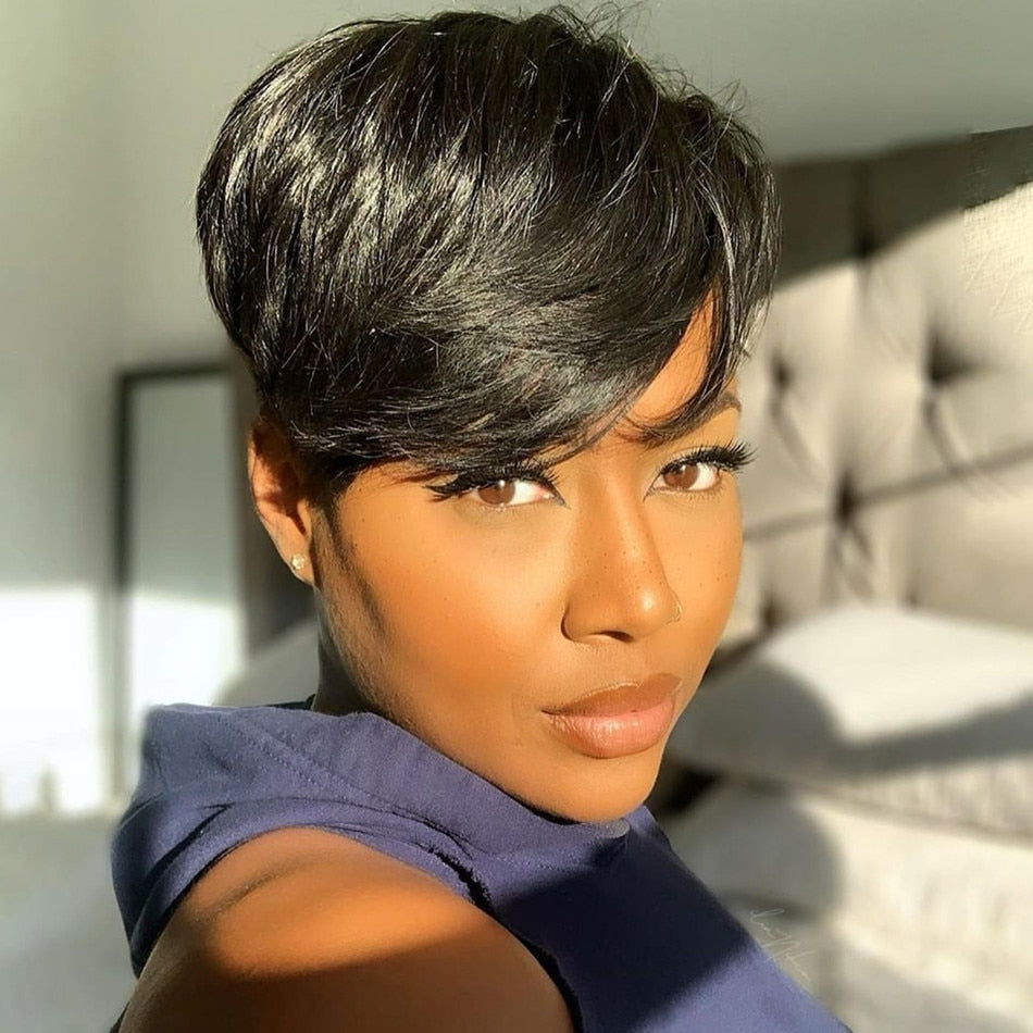 Human Hair Short Wigs Pixie Cut Wigs with Bangs Short Black Layered Wavy Wigs for Women 1B Color