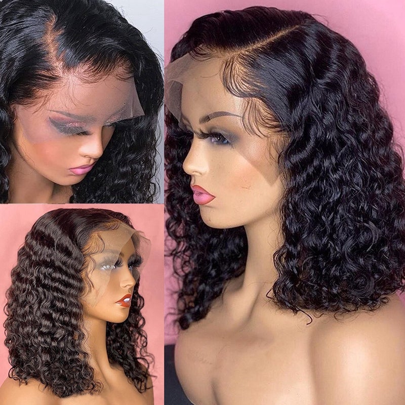 Black Curly Loose Deep Water Wave Transparent Bob Human Hair Wigs
