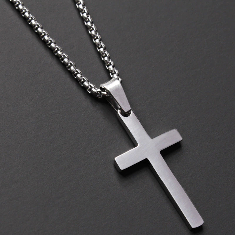 Silver Black Gold Stainless Steel Plain Cross Pendant Necklace for Men Box Chain