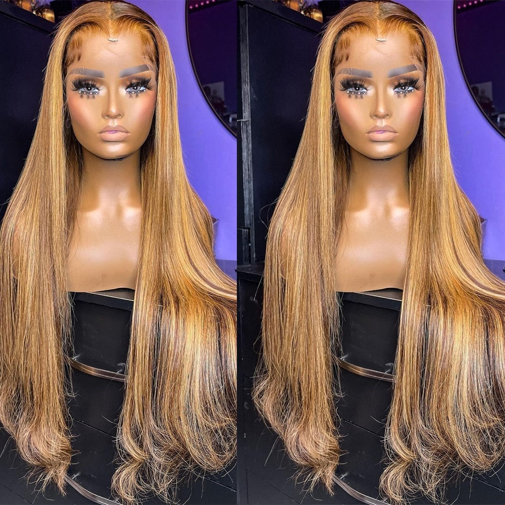 30 Inch Straight ombre blonde Highlight Wig Human Hair Wig
