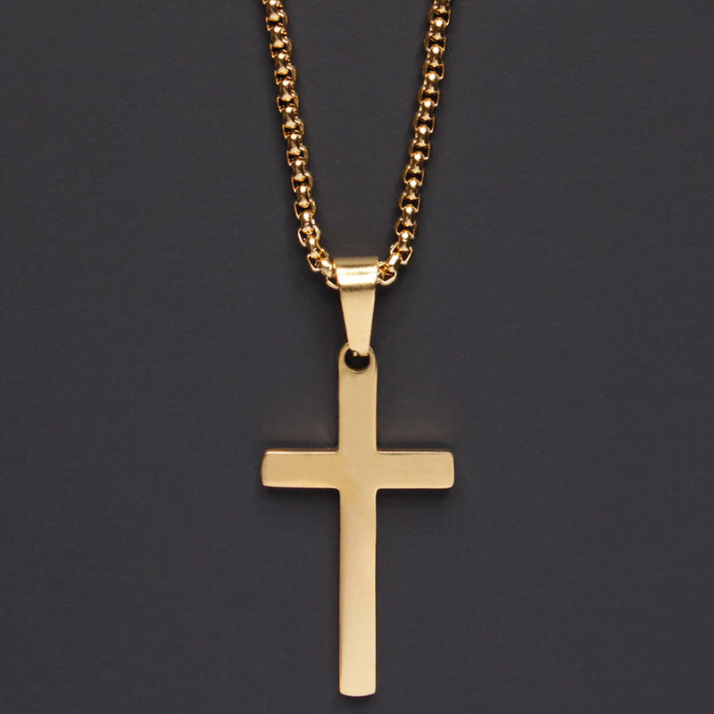 Silver Black Gold Stainless Steel Plain Cross Pendant Necklace for Men Box Chain