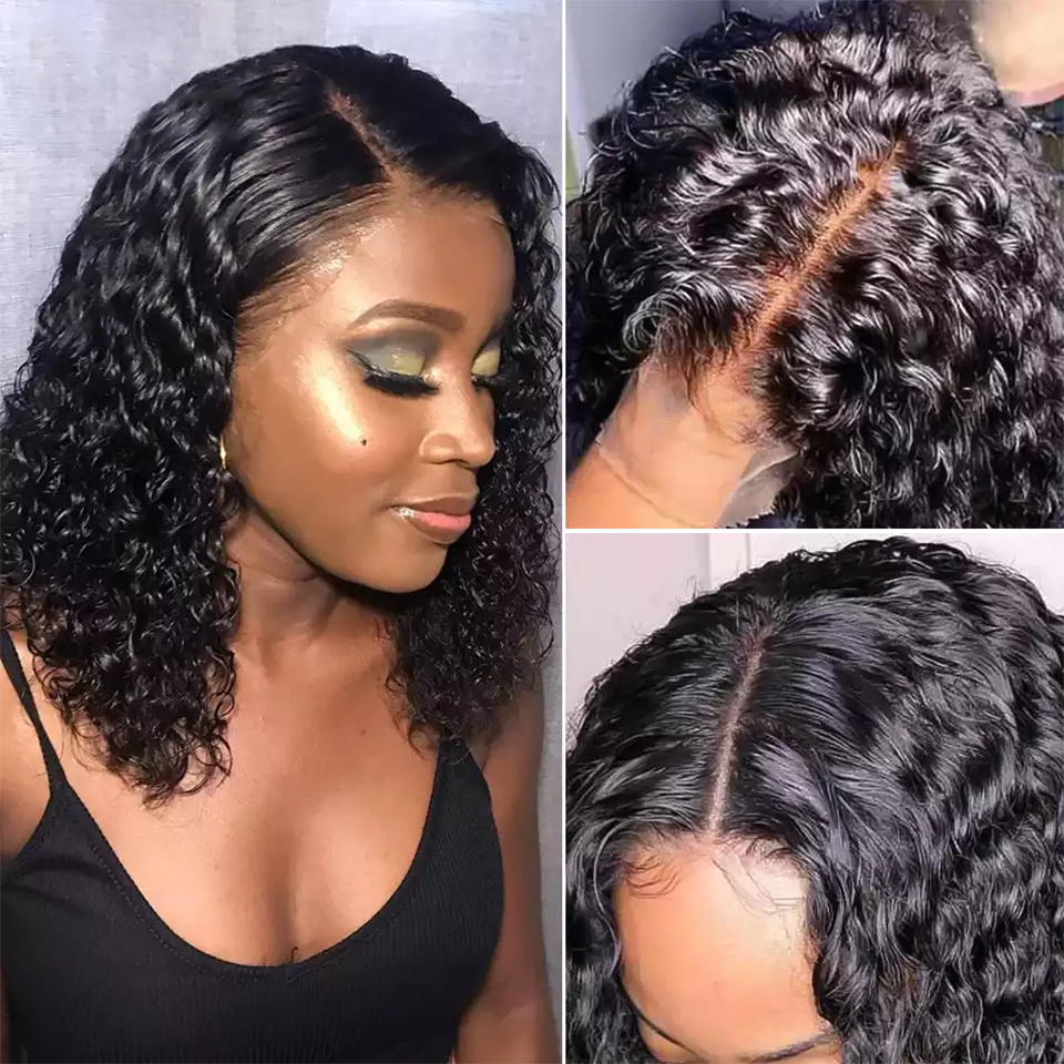 Black Curly Loose Deep Water Wave Transparent Bob Human Hair Wigs