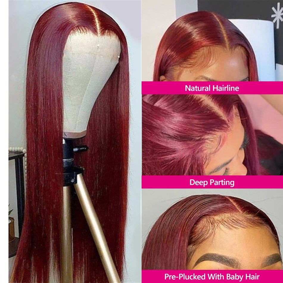 99J Burgundy Straight HD Transparent Human Hair Lace Front Wig For Women