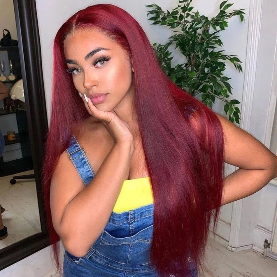 99J Burgundy Straight HD Transparent Human Hair Lace Front Wig For Women