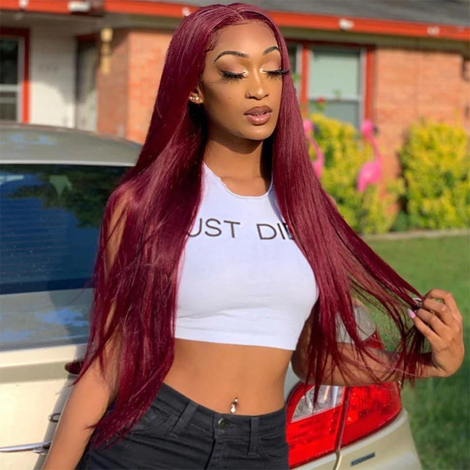99J Burgundy Straight HD Transparent Human Hair Lace Front Wig For Women