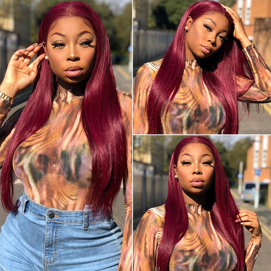 99J Burgundy Straight HD Transparent Human Hair Lace Front Wig For Women