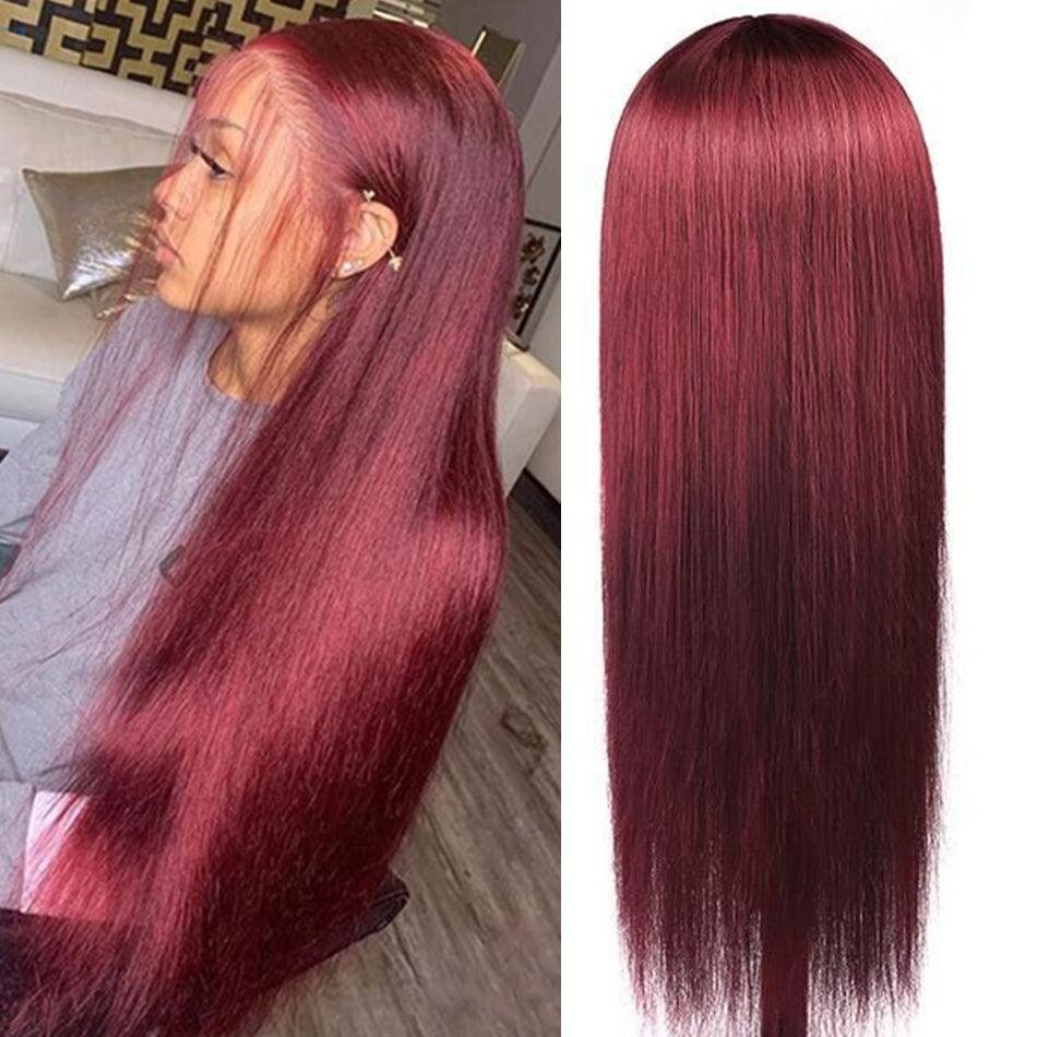 99J Burgundy Straight HD Transparent Human Hair Lace Front Wig For Women