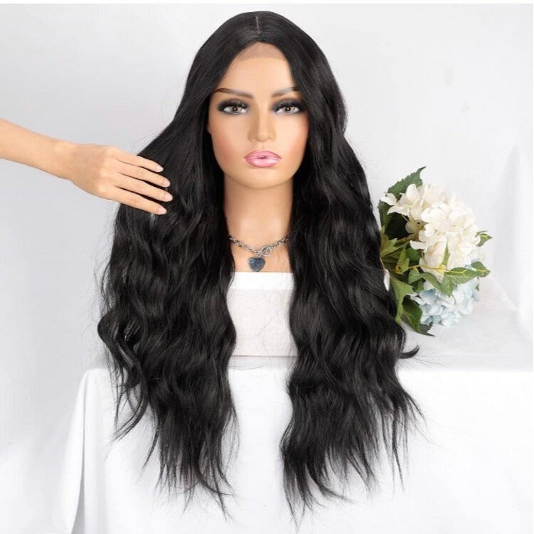 Long Black Curly Wavy Middle Part Wig