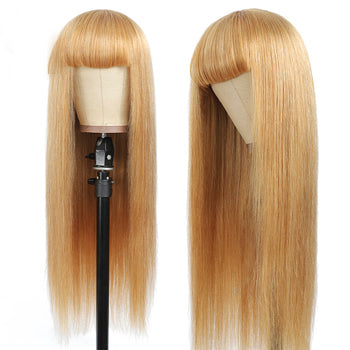 Straight Red-Blonde-Black Brazilian Human Hair Wig With Bangs