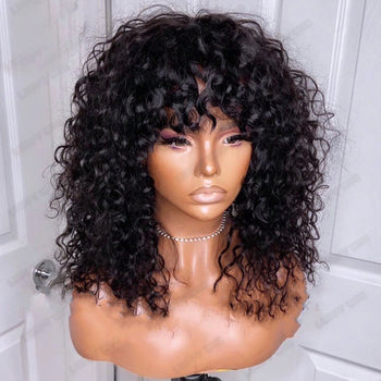 Black -Bob Curly Remy Brazilian Human Hair Wigs With Bangs