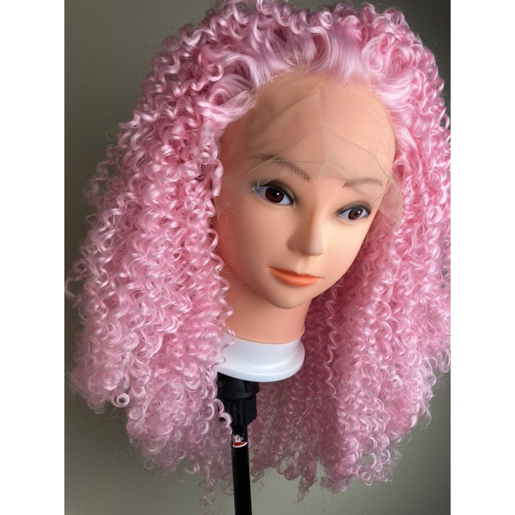 Short Pink Wig,Afro Kinky Curly Wig,Lace Front Wig,Short Bob Wig,Shoulder Length Wig,Wigs,Lace Front Pink Wig,Pastel Pink Wigs,Pink Lace Wig