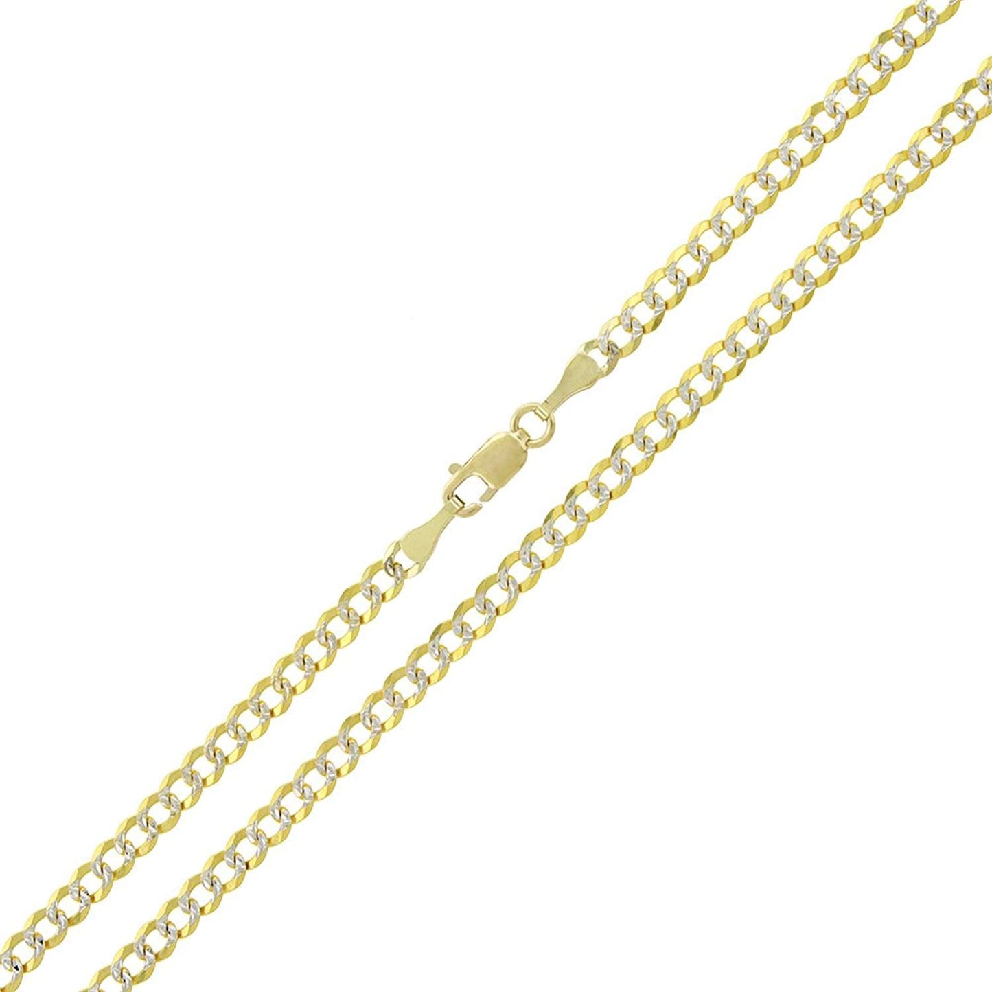 14K Yellow Gold 3MM Solid Cuban Curb Link Two-Tone Pave Chain