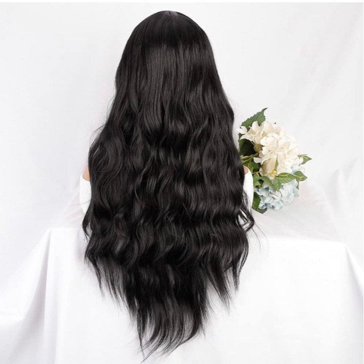 Long Black Curly Wavy Middle Part Wig