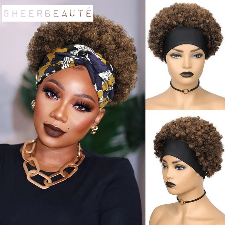 Short Afro Headband Curly Wig Human Hair Head Wrap Wig