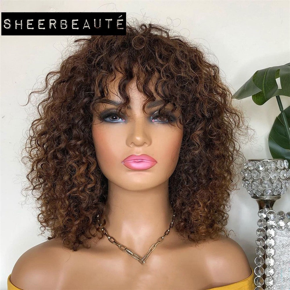 Bob Curly Highlight Brown Colored Brazilian Human Hair Wigs with Bangs