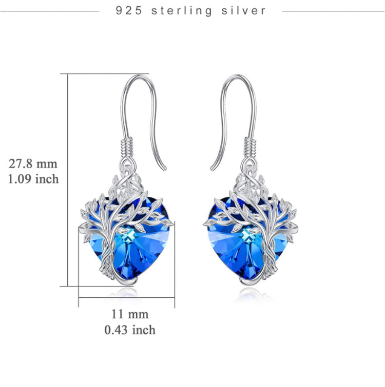 14K White Gold -Crystal Heart Tree of Life Drop Earrings