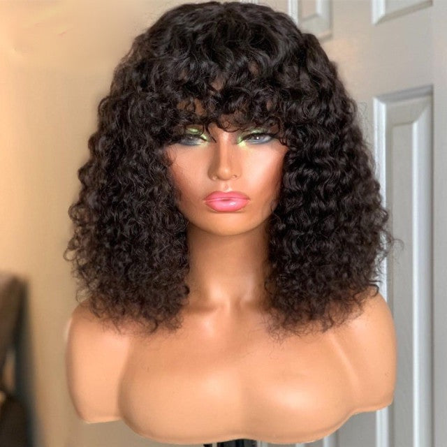 Bob Curly Highlight Brown Colored Brazilian Human Hair Wigs with Bangs