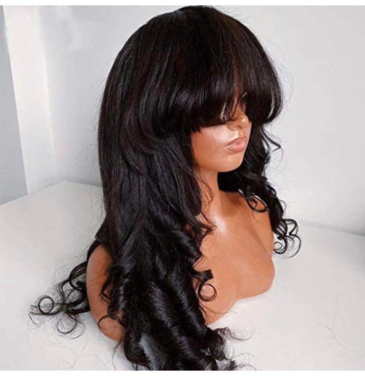 Long Yaki Full Human Hair Wig With Bangs