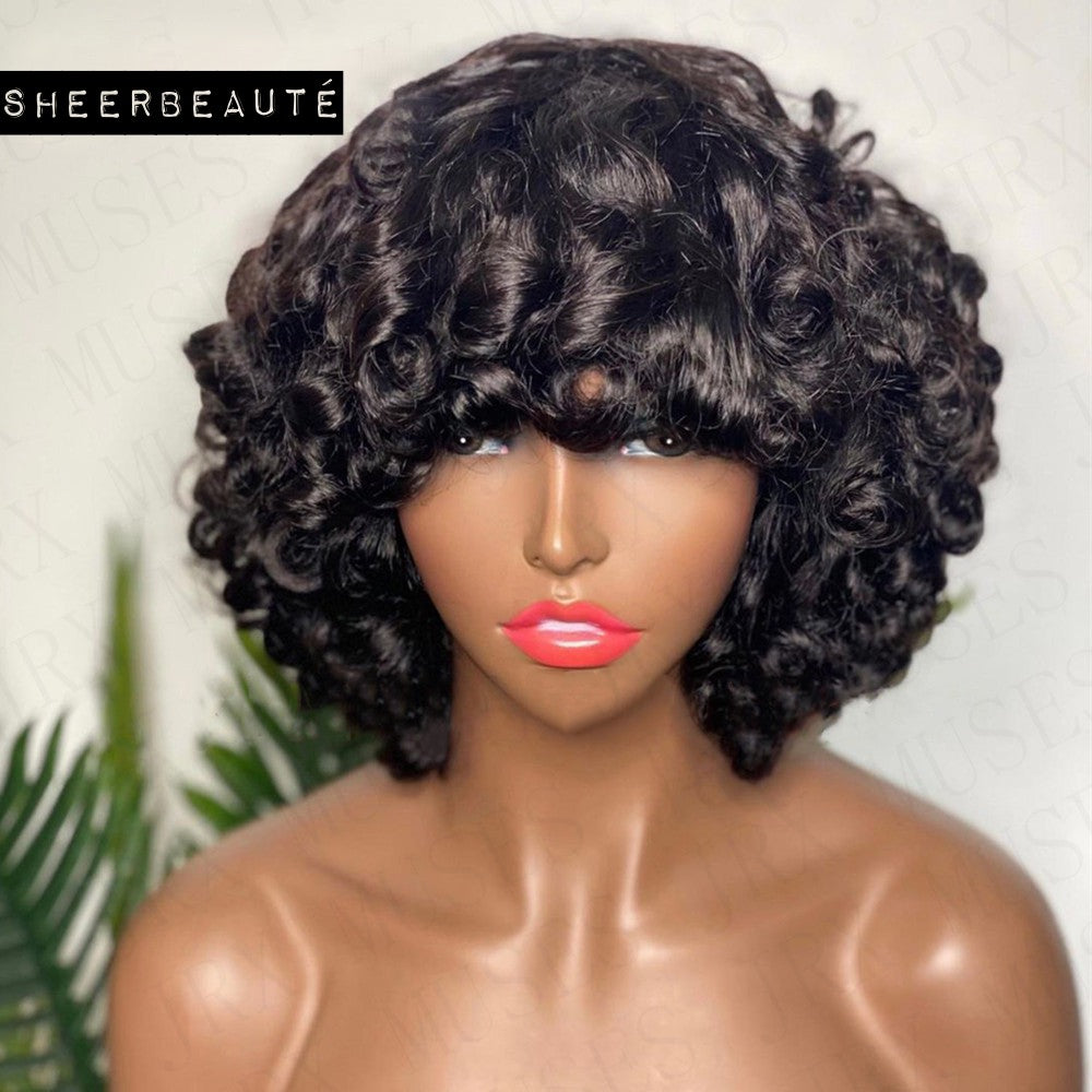 99J Curly Short Bob Human Hair Wigs with Bangs