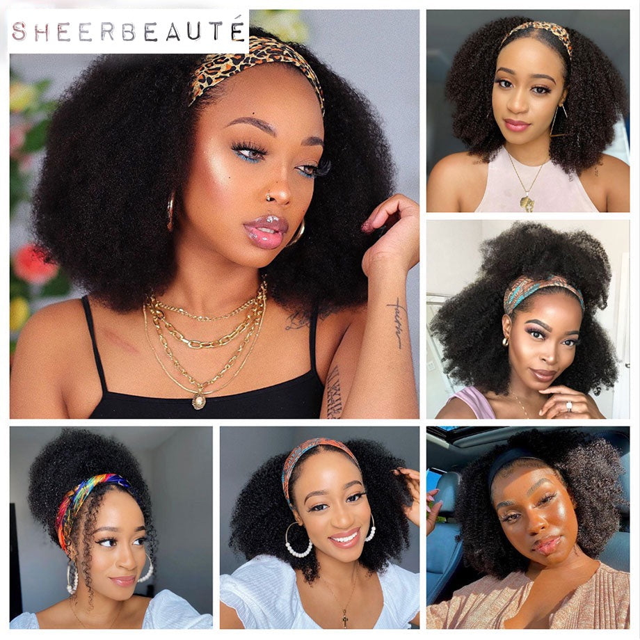 Afro Kinky Curly Human Hair Headband Wig For Black Women