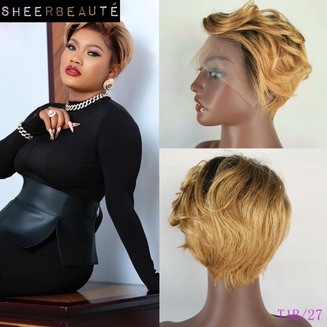 Pixie Cut Short Bob Straight Transparent Lace Malaysian Human Hair Wigs
