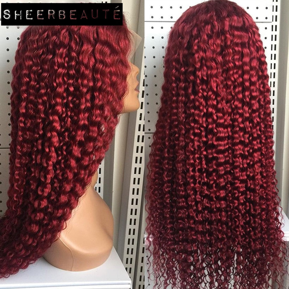 Long Curly 99J Burgundy 13x4 Transparent Lace Human Hair|4x4Closure Wig