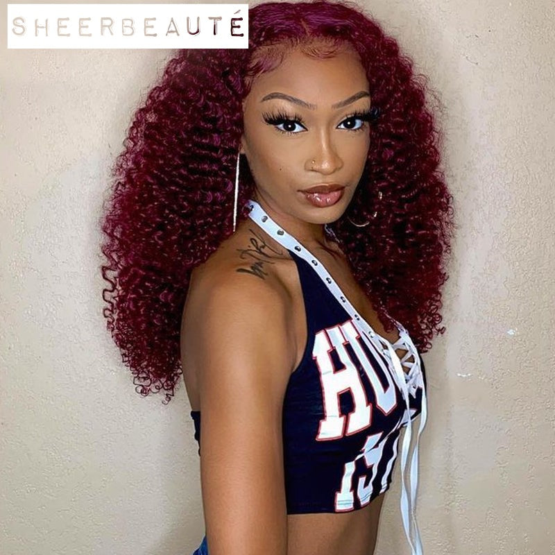 99j Burgundy Curly Brazilian Remy Human Hair Wig|200%Density Hair