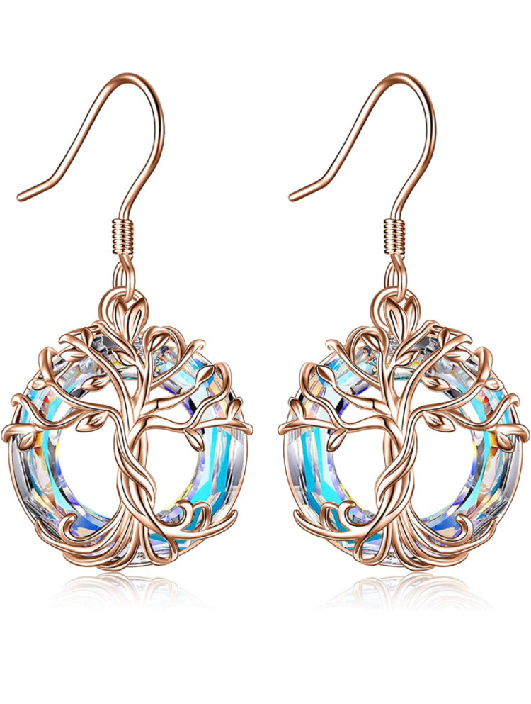 Rose Gold Crystal Tree of Life Drop Earrings
