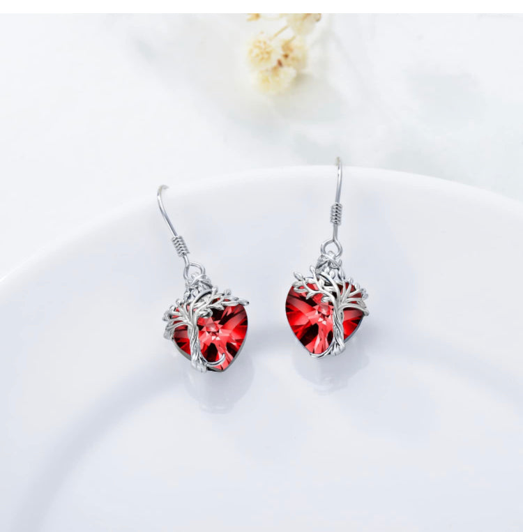 925 Sterling Silver-Heart Tree of Life Dangle Earrings